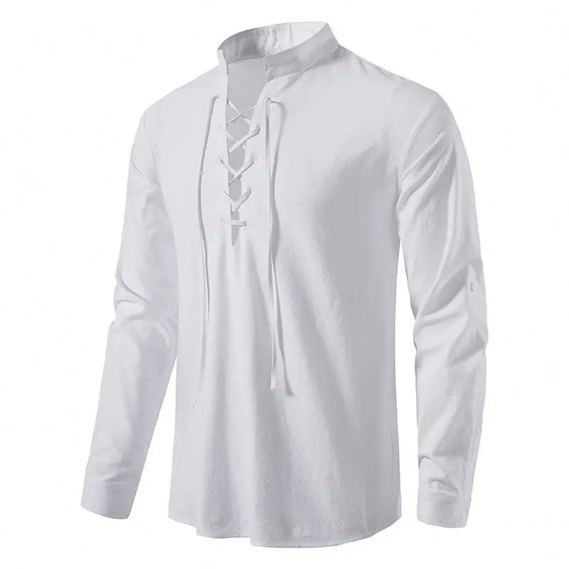 Camisa de Algodão e Linho, Manga Longa, Gola Alta