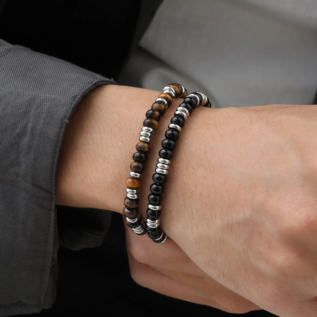 Pulseira de Pedras Olho de Tigre e Ônix Preto, Jóia que Não Escurece, Presente de Aço Inoxidável