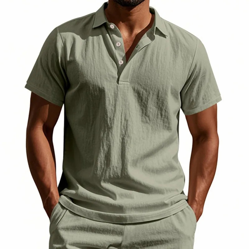 Camisa Polo de Linho de Verão com Botão na Lapela