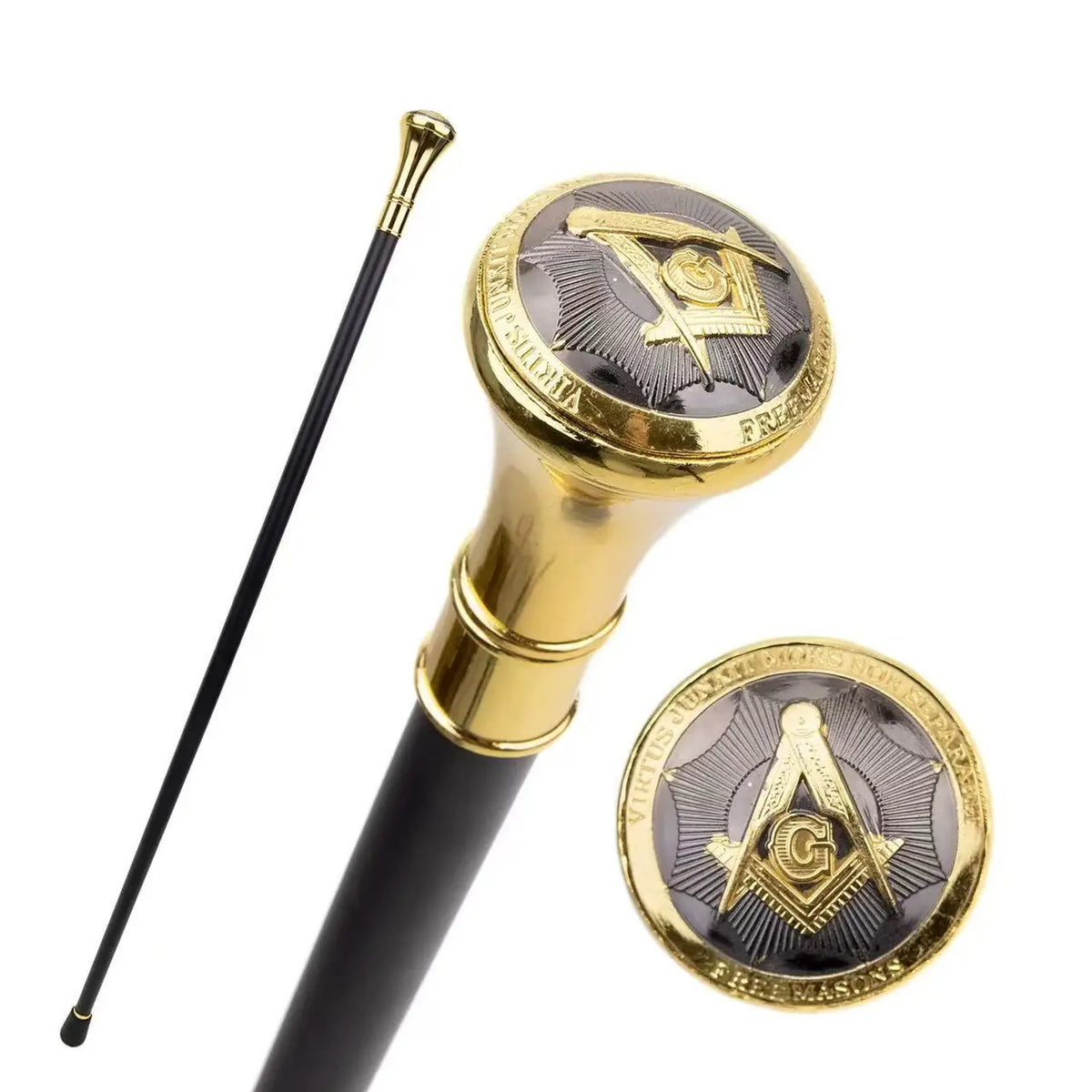 Bengala de Caminhada Vintage de Metal Maçônico Preta e Dourada