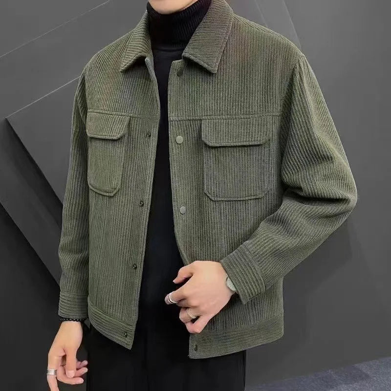 Jaqueta Casual de Veludo Cotelê com Bolso e Lapela Fashion