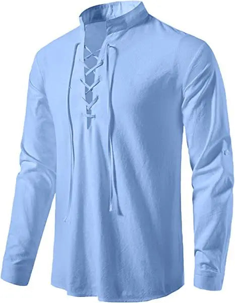 Camisa de Algodão e Linho, Manga Longa, Gola Alta