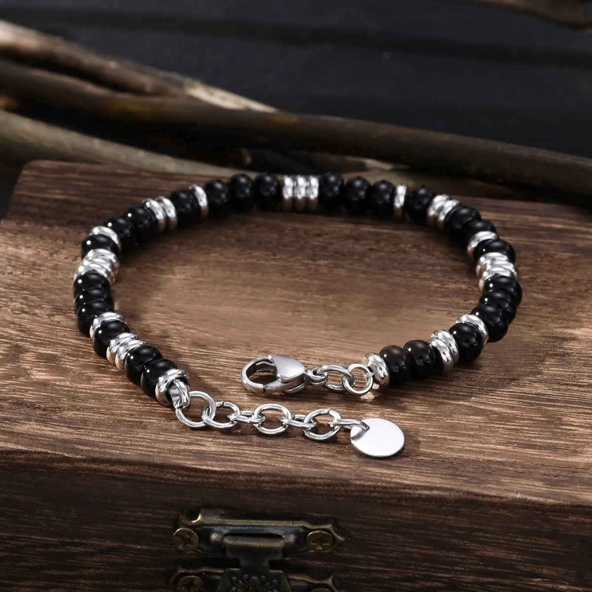 Pulseira de Pedras Olho de Tigre e Ônix Preto, Jóia que Não Escurece, Presente de Aço Inoxidável