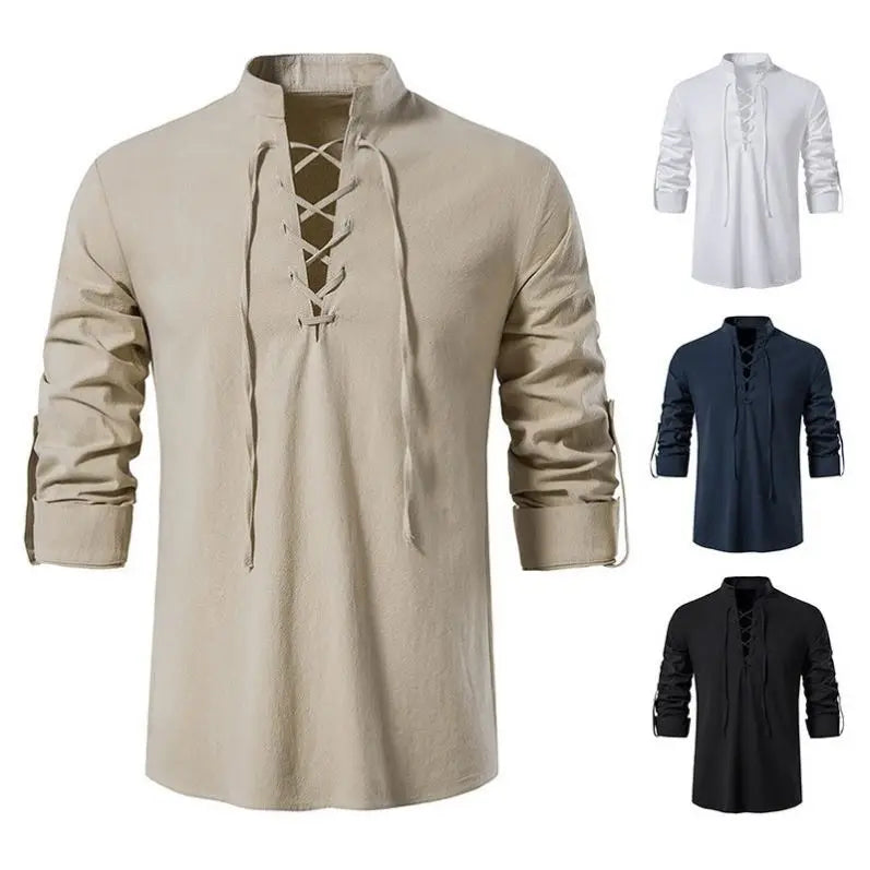 Camisa de Algodão e Linho, Manga Longa, Gola Alta