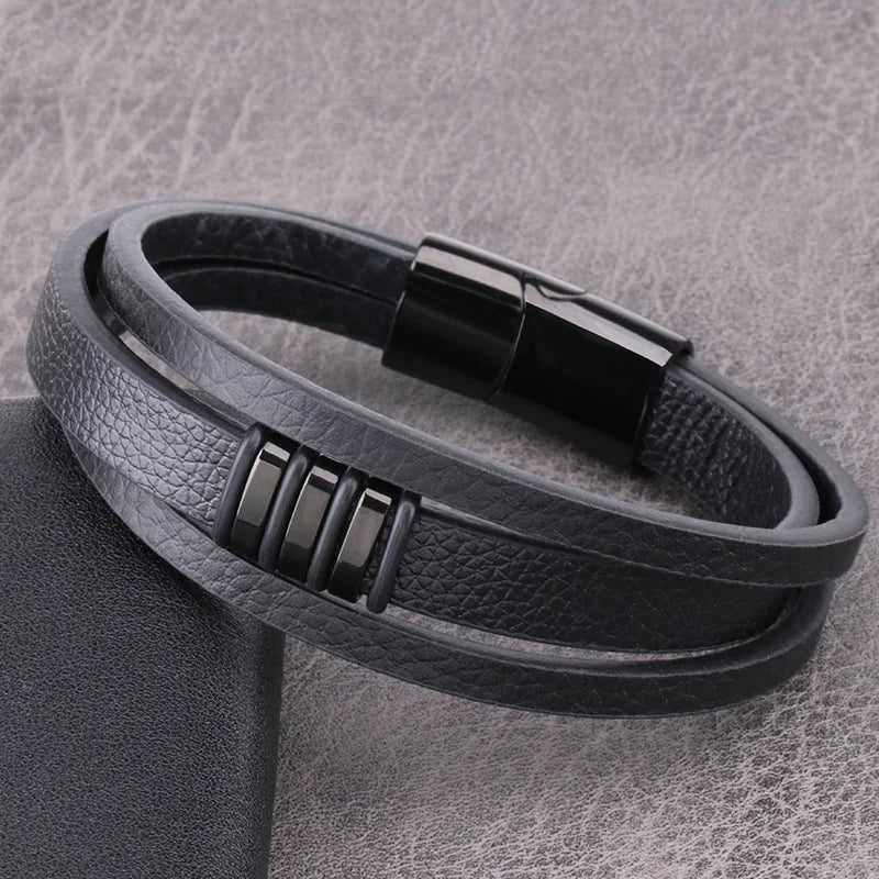 Pulseira de Couro com Fecho Magnético Preto