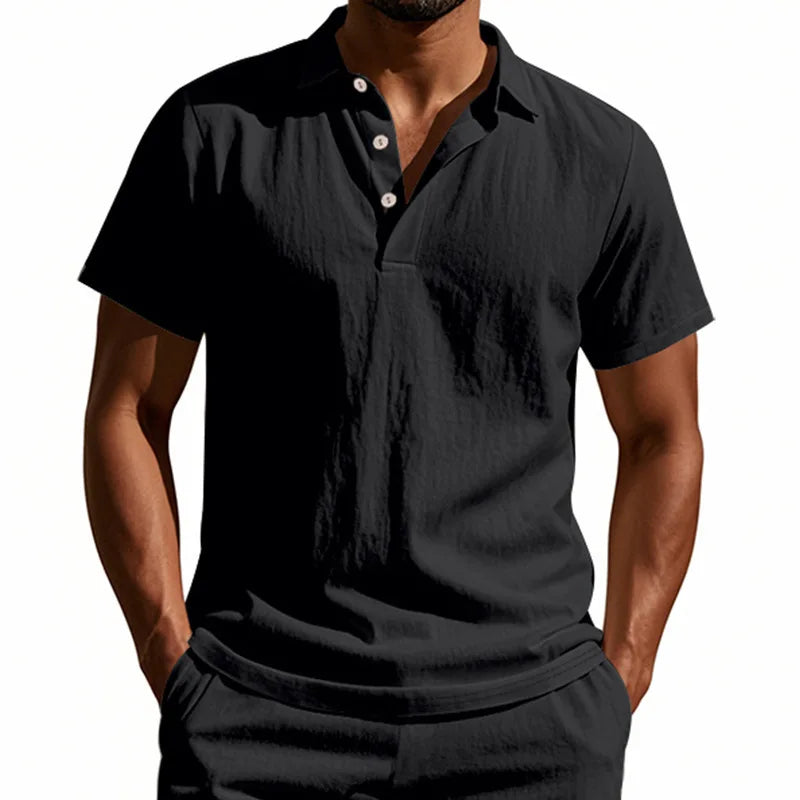 Camisa Polo de Linho de Verão com Botão na Lapela