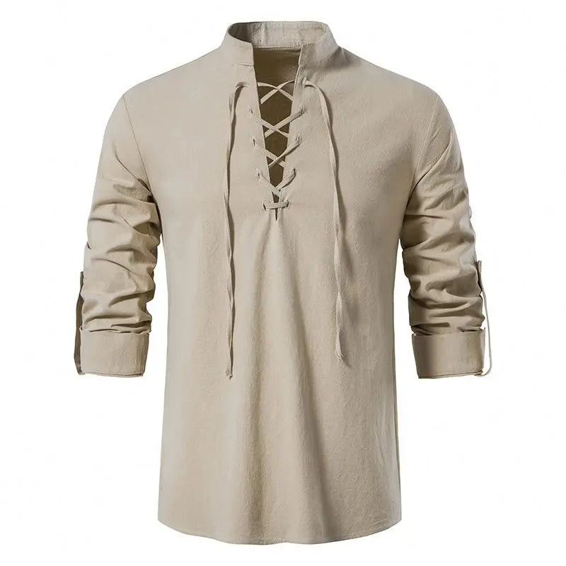 Camisa de Algodão e Linho, Manga Longa, Gola Alta