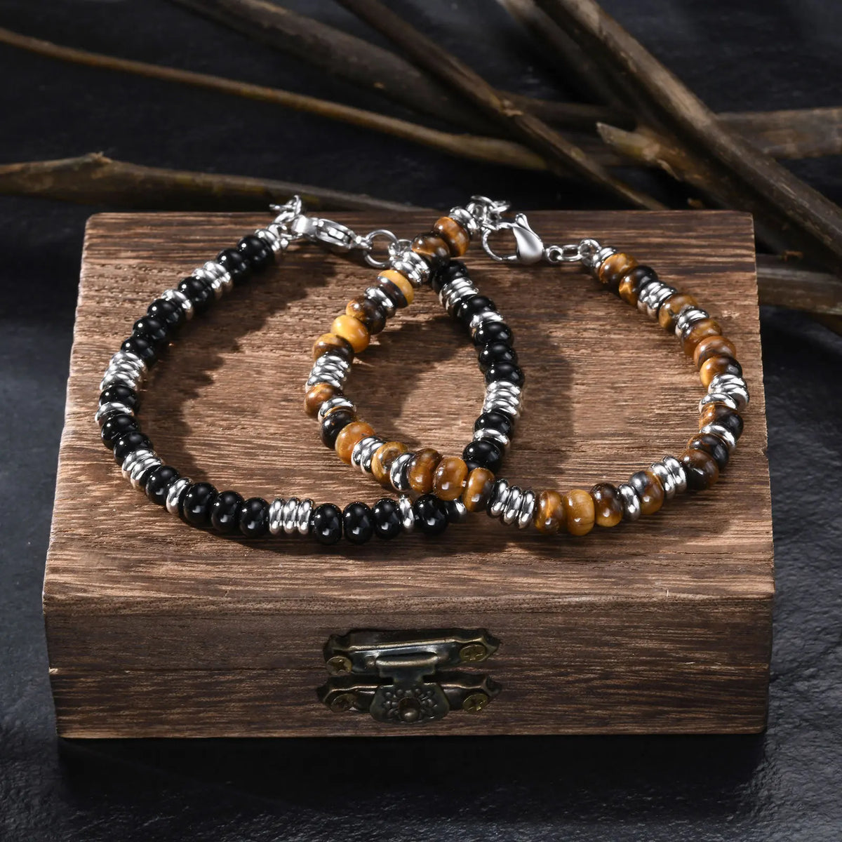 Pulseira de Pedras Olho de Tigre e Ônix Preto, Jóia que Não Escurece, Presente de Aço Inoxidável