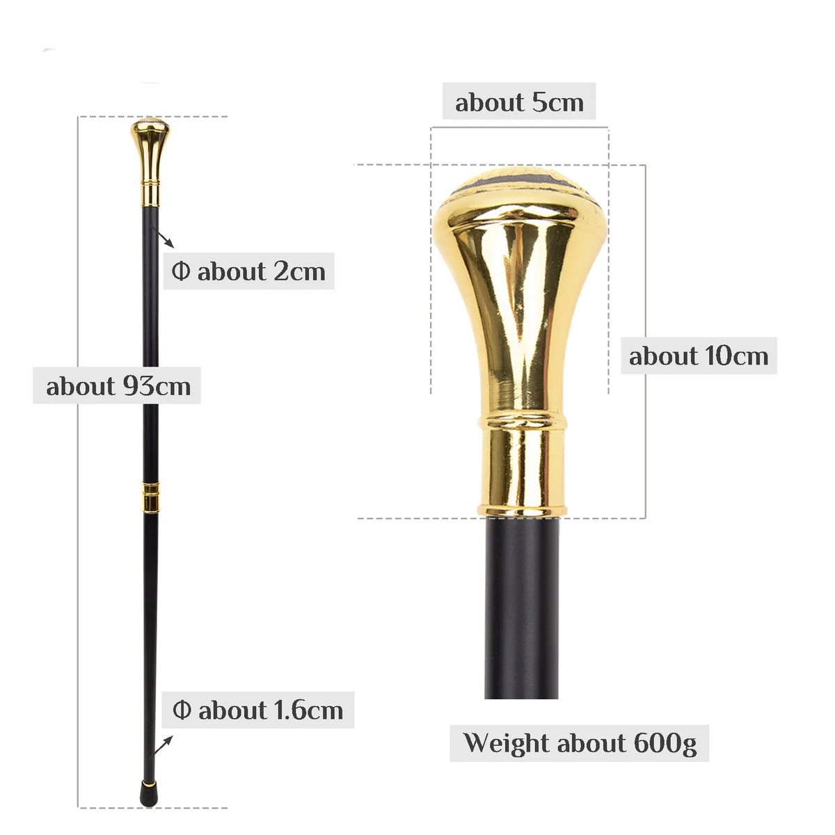 Bengala de Caminhada Vintage de Metal Maçônico Preta e Dourada