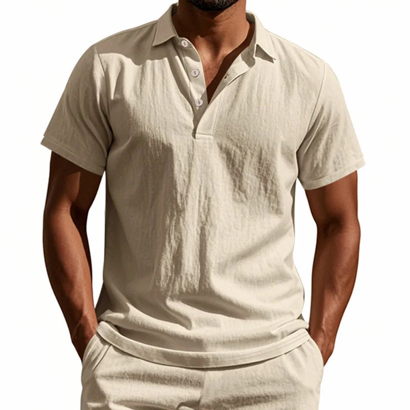 Camisa Polo de Linho de Verão com Botão na Lapela