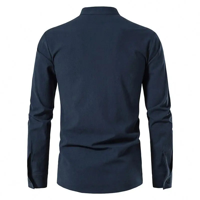 Camisa de Algodão e Linho, Manga Longa, Gola Alta