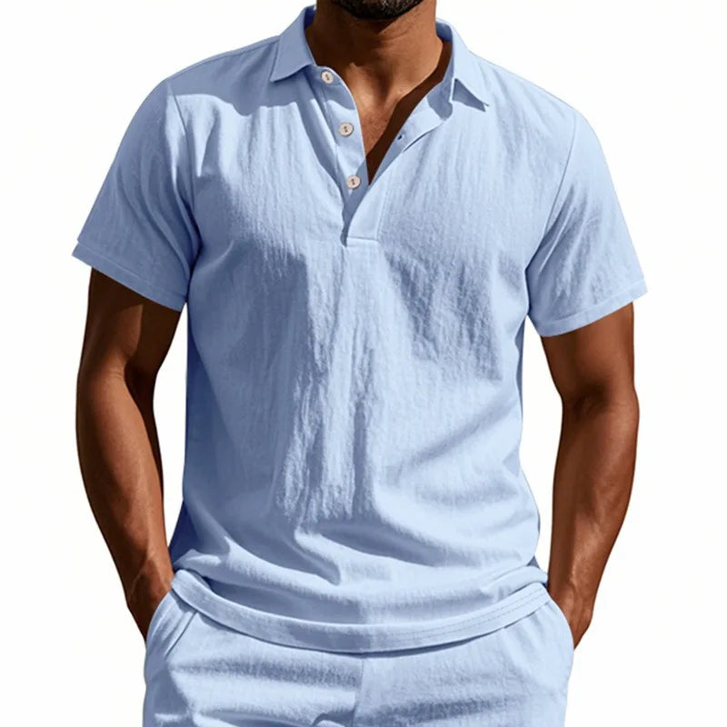 Camisa Polo de Linho de Verão com Botão na Lapela