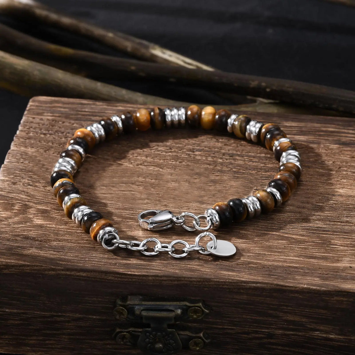 Pulseira de Pedras Olho de Tigre e Ônix Preto, Jóia que Não Escurece, Presente de Aço Inoxidável