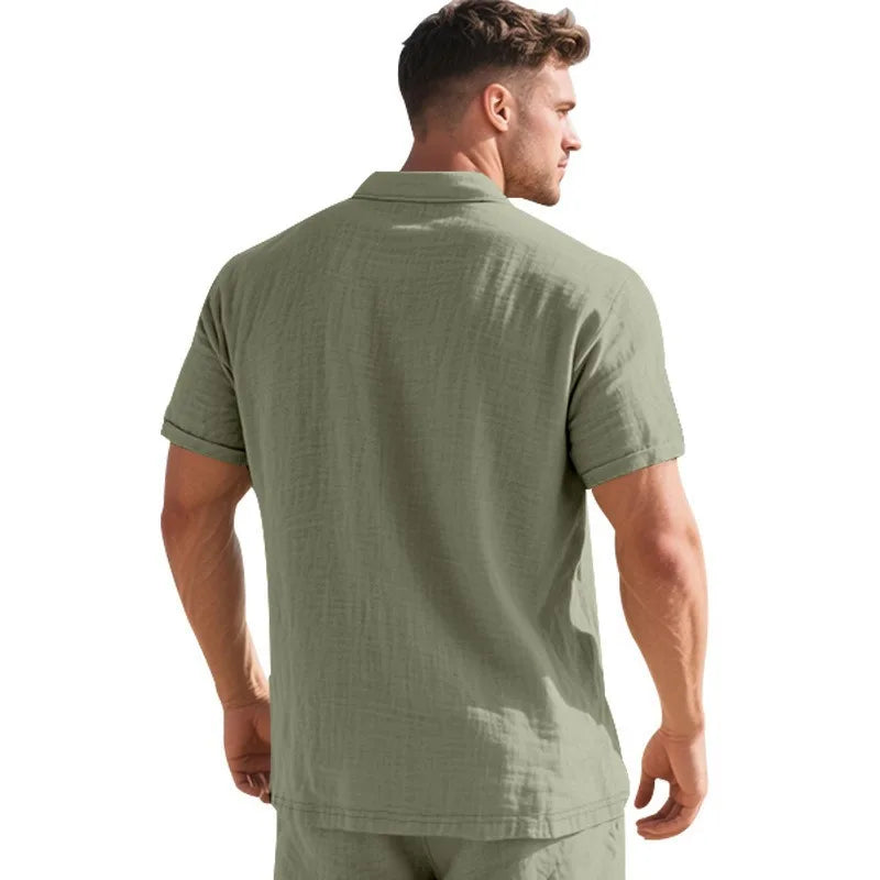 Camisa Polo de Linho de Verão com Botão na Lapela