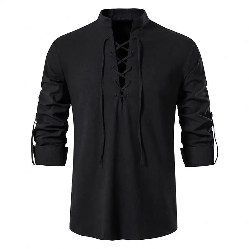 Camisa de Algodão e Linho, Manga Longa, Gola Alta