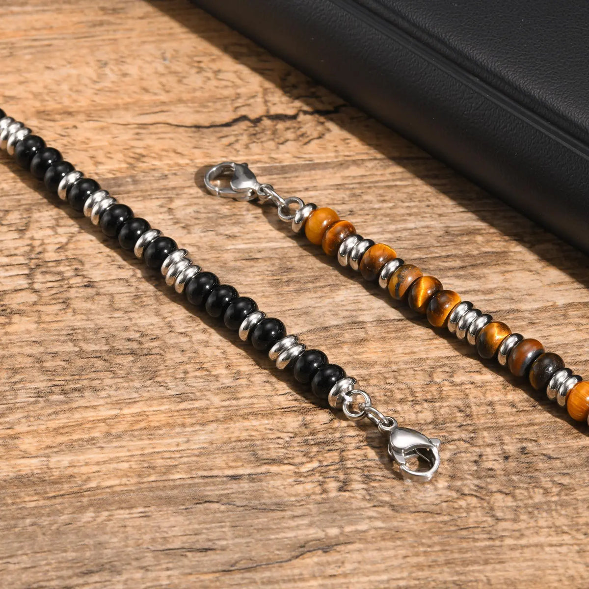 Pulseira de Pedras Olho de Tigre e Ônix Preto, Jóia que Não Escurece, Presente de Aço Inoxidável