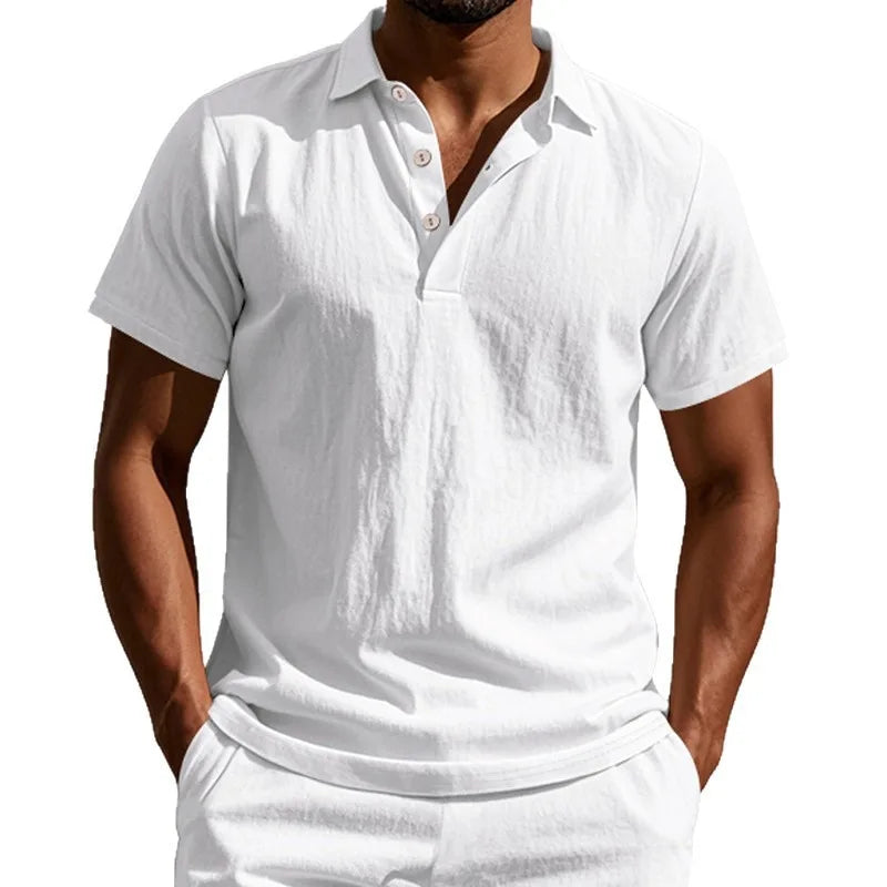 Camisa Polo de Linho de Verão com Botão na Lapela