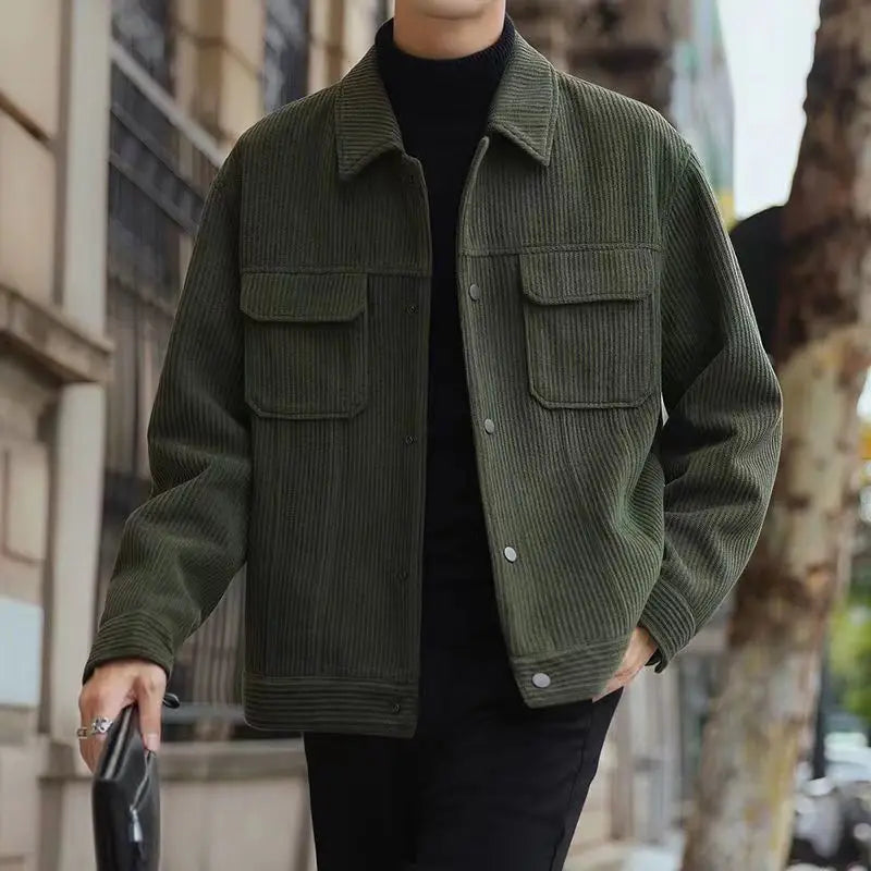 Jaqueta Casual de Veludo Cotelê com Bolso e Lapela Fashion
