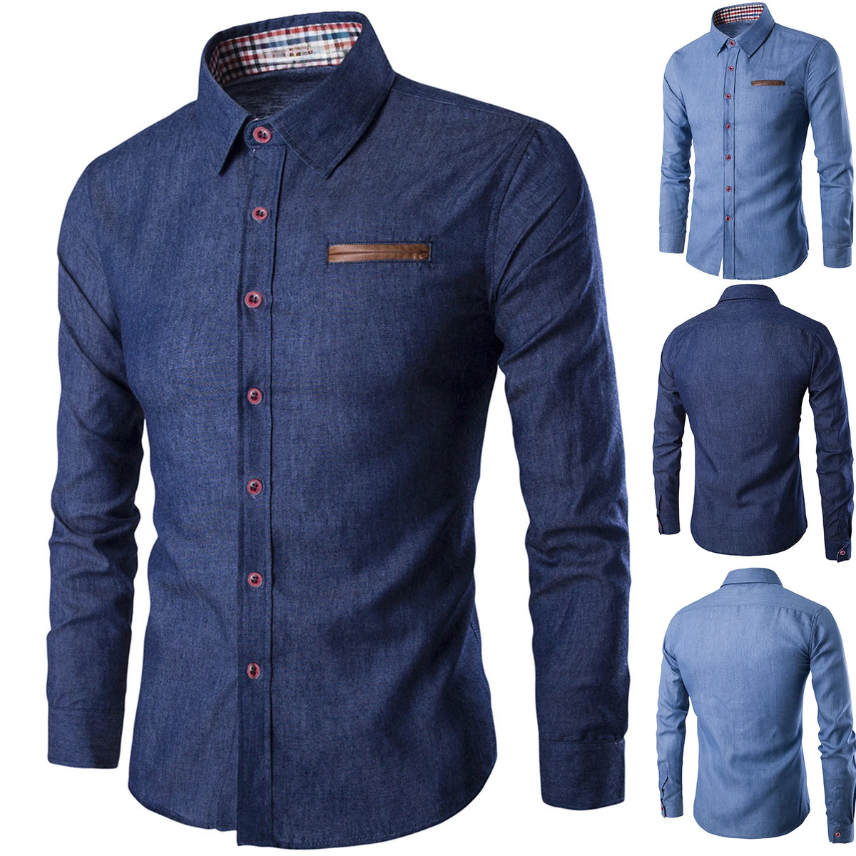 Camisa Jeans de Manga Comprida Estilo Slim Fit
