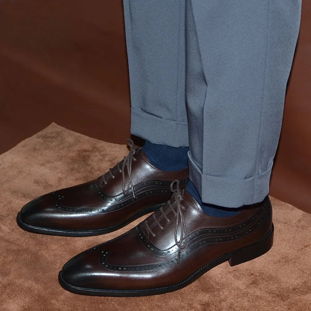 Sapatos de couro genuíno brogue marrom escuro