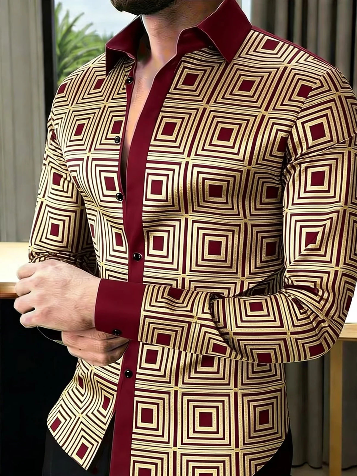 Camisa Casual de Cetim com Estampa Geométrica