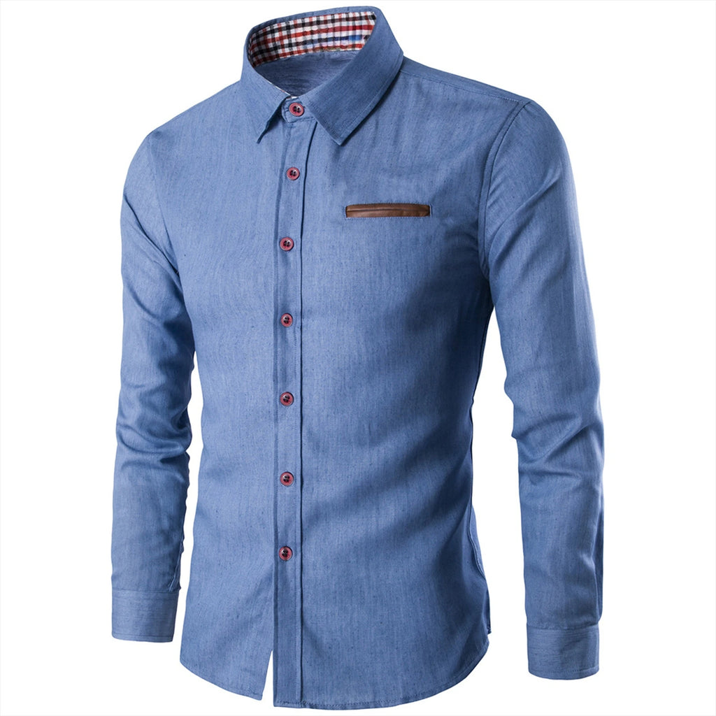 Camisa Jeans de Manga Comprida Estilo Slim Fit