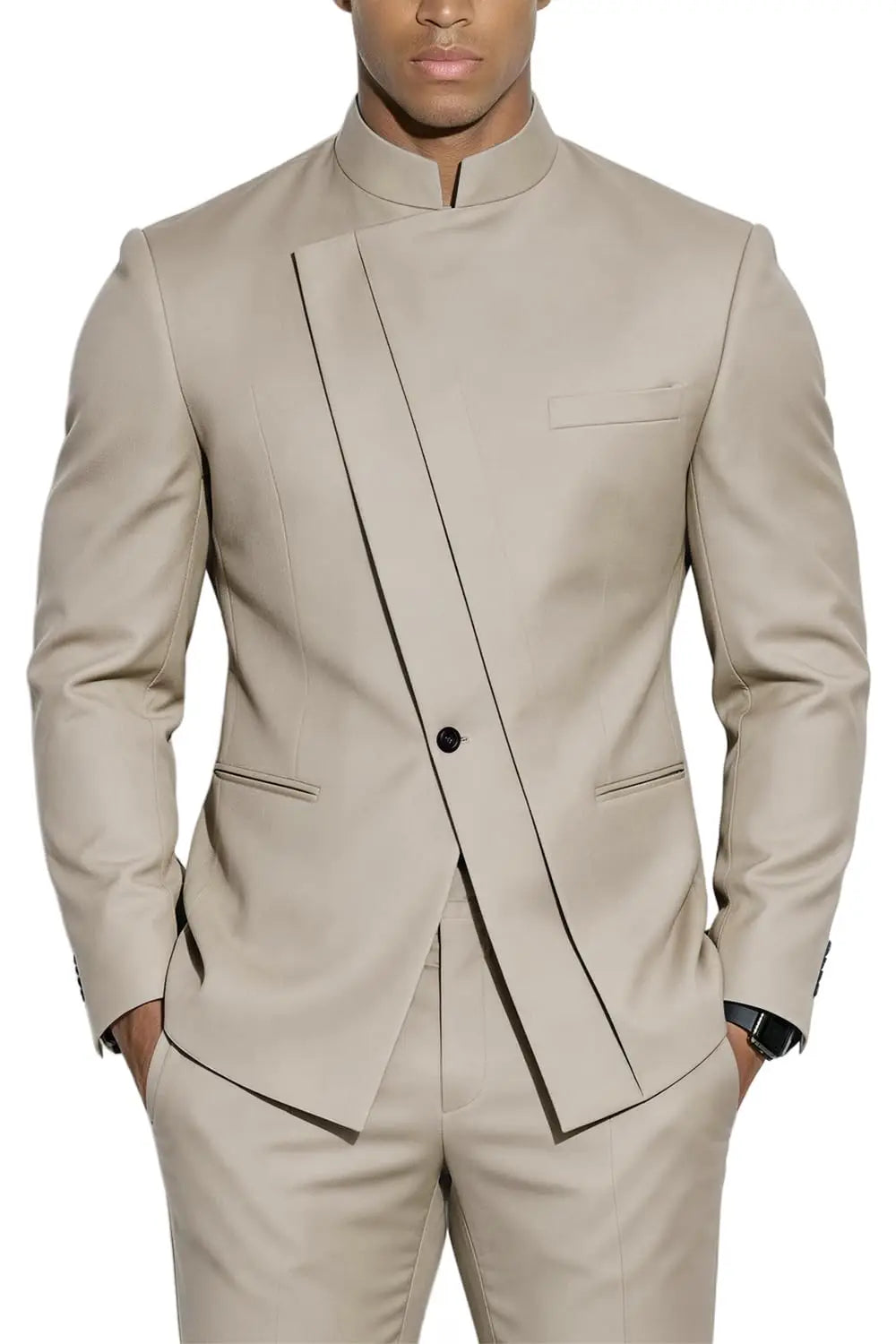 Terno com Gola Alta Estilo Chinês Slim-Fit