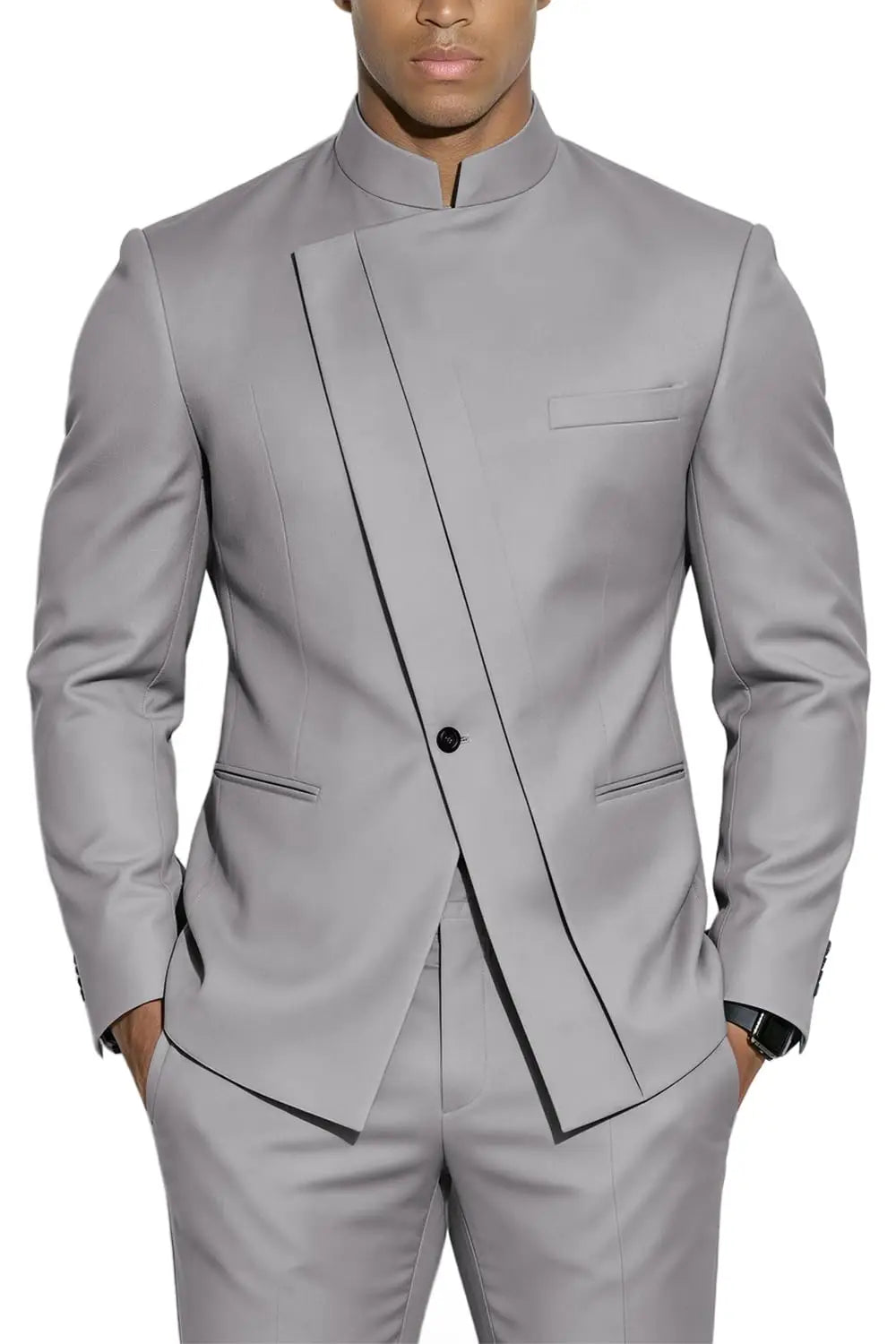 Terno com Gola Alta Estilo Chinês Slim-Fit