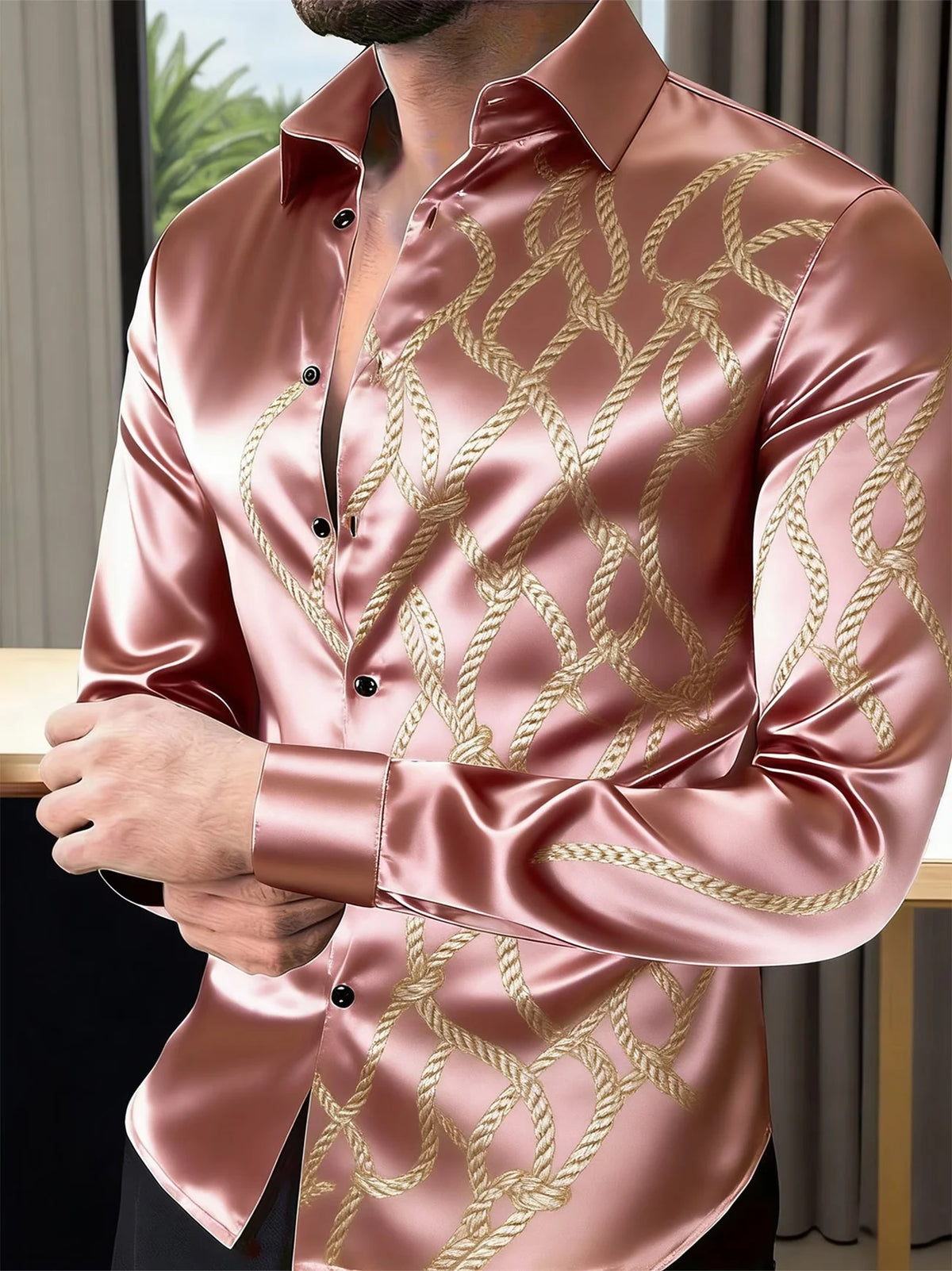 Camisa Casual de Cetim com Estampa Geométrica