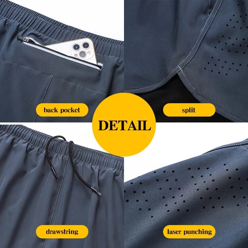 Calções de corrida masculinos de secagem rápida fitness preto dupla camada shorts masculino novo esporte treino treinamento musculação calças curtas