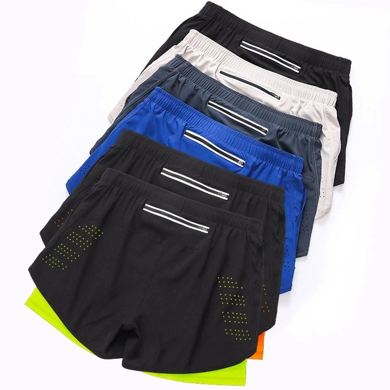 Calções de corrida masculinos de secagem rápida fitness preto dupla camada shorts masculino novo esporte treino treinamento musculação calças curtas