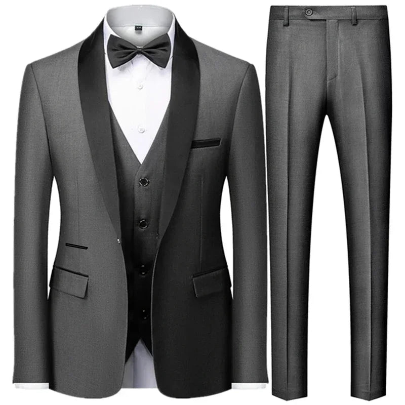 Preto masculino outono festa de casamento três peças conjunto tamanho grande masculino blazer casaco calças e colete moda fino ajuste terno