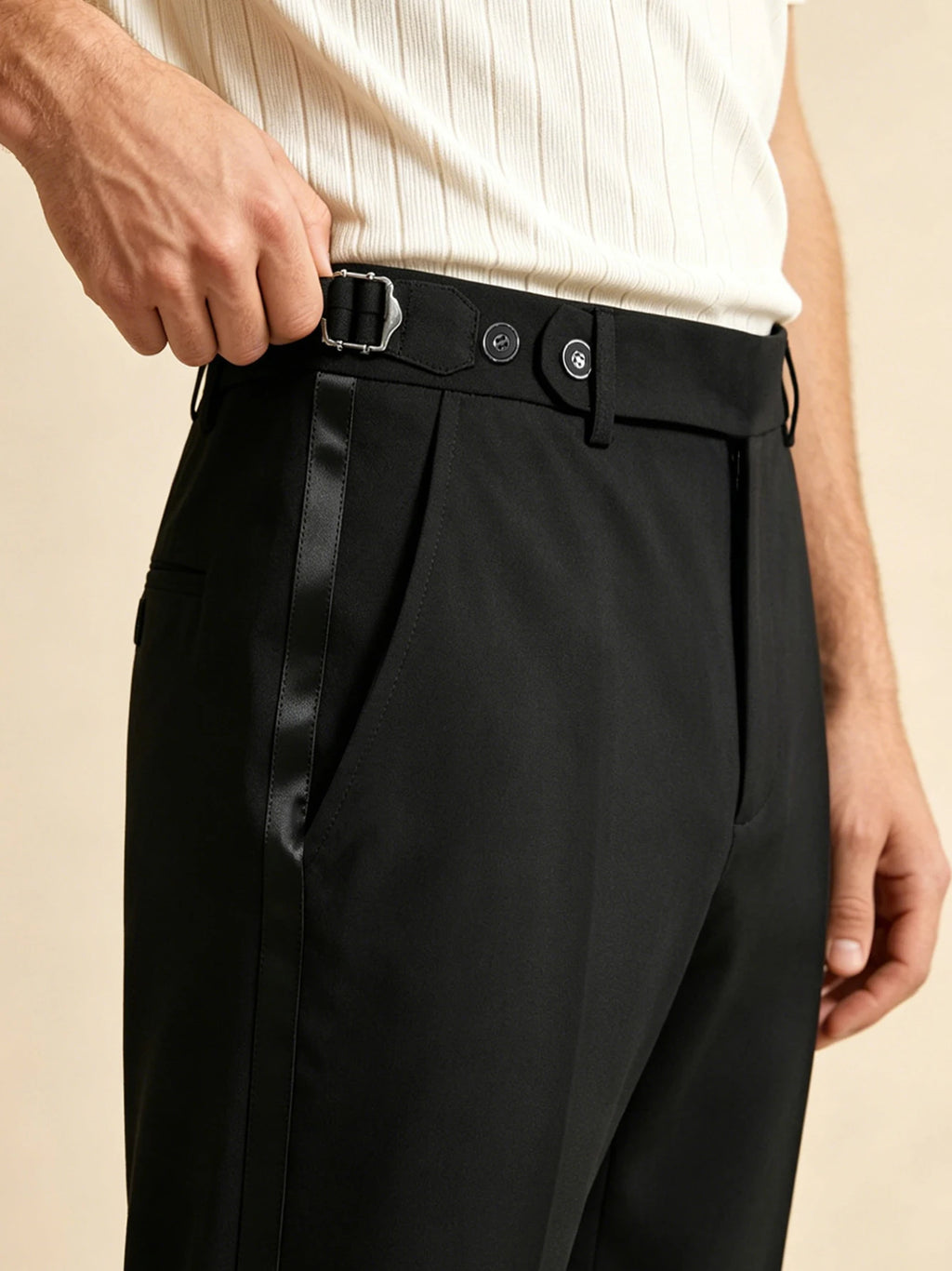 Calça Social Elegante Napolitana de Cor Sólida com Fecho Lateral de Botão Paris Buckle