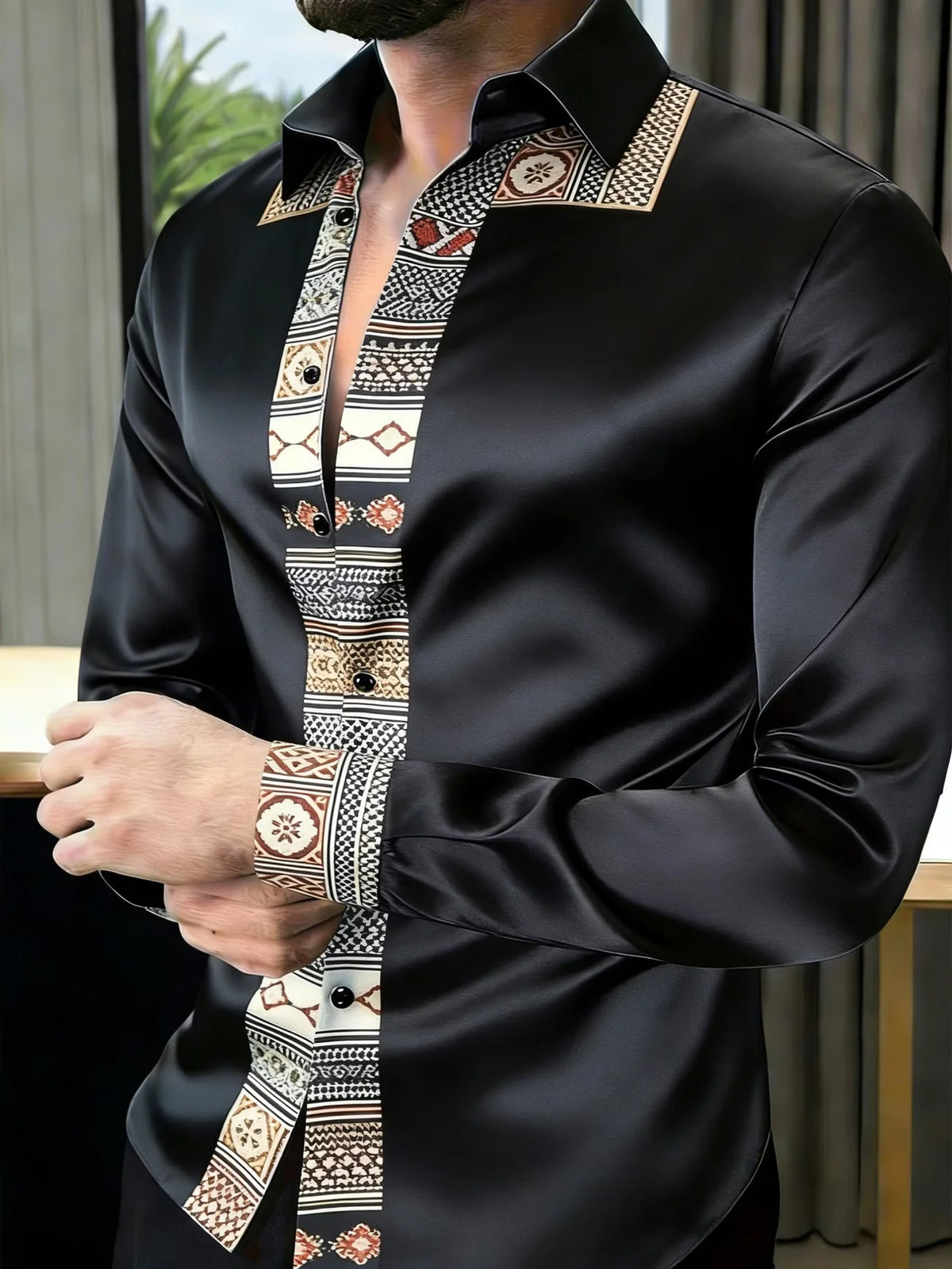Camisa Casual de Cetim com Estampa Geométrica