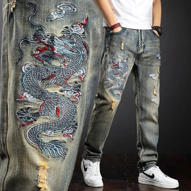 Calça Jeans Baggy Bordado Dragão Y2K