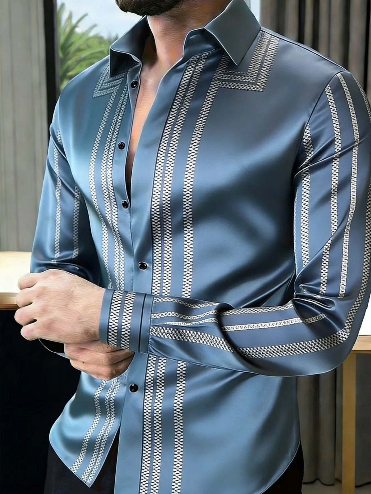 Camisa Casual de Cetim com Estampa Geométrica