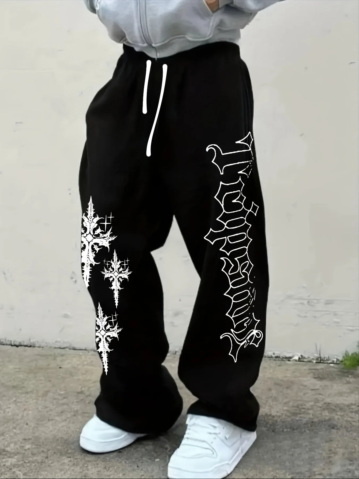 Calças de Moletom Masculinas Góticas com Estampa Vertical, Perna Larga, Cordão, Soltas, Retas, Baggy, Estilo Y2K, Dark Punk, Streetwear.