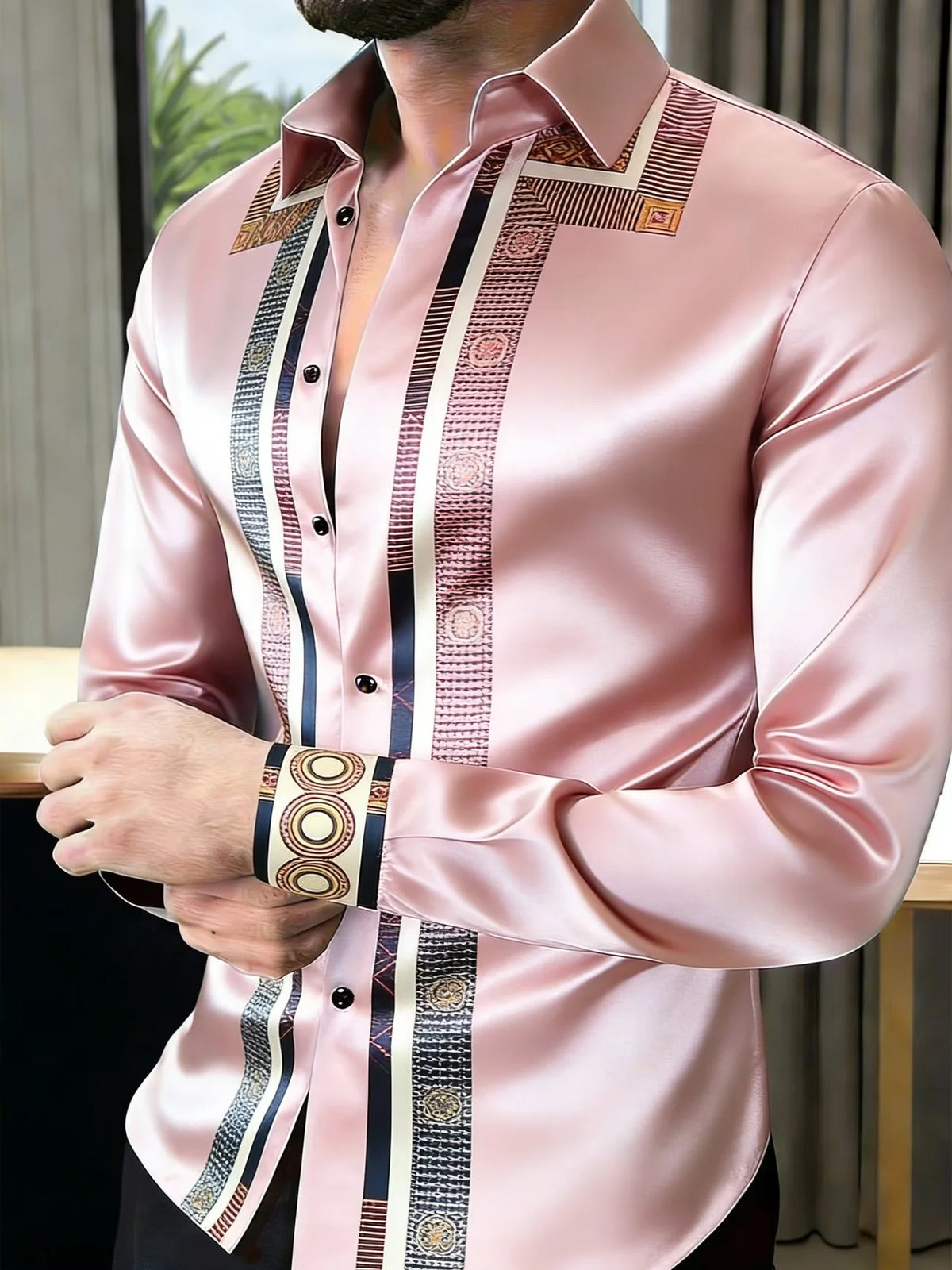 Camisa Casual de Cetim com Estampa Geométrica