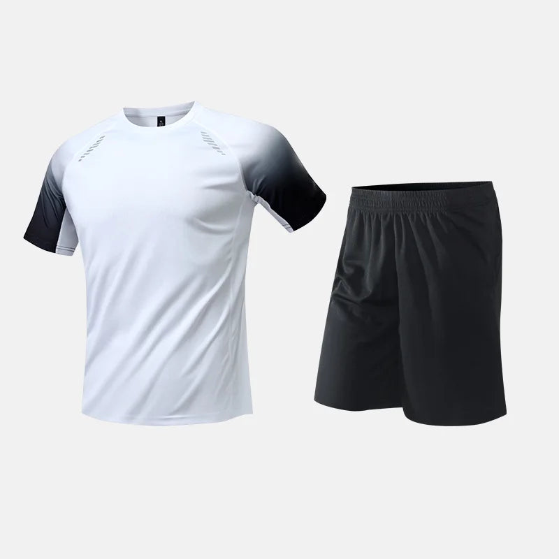 Roupas de Fitness em Tecido de Seda Gelada, Camiseta de Secagem Rápida para Homens, Conjunto de Camiseta de Manga Curta e Shorts para Treino Esportivo