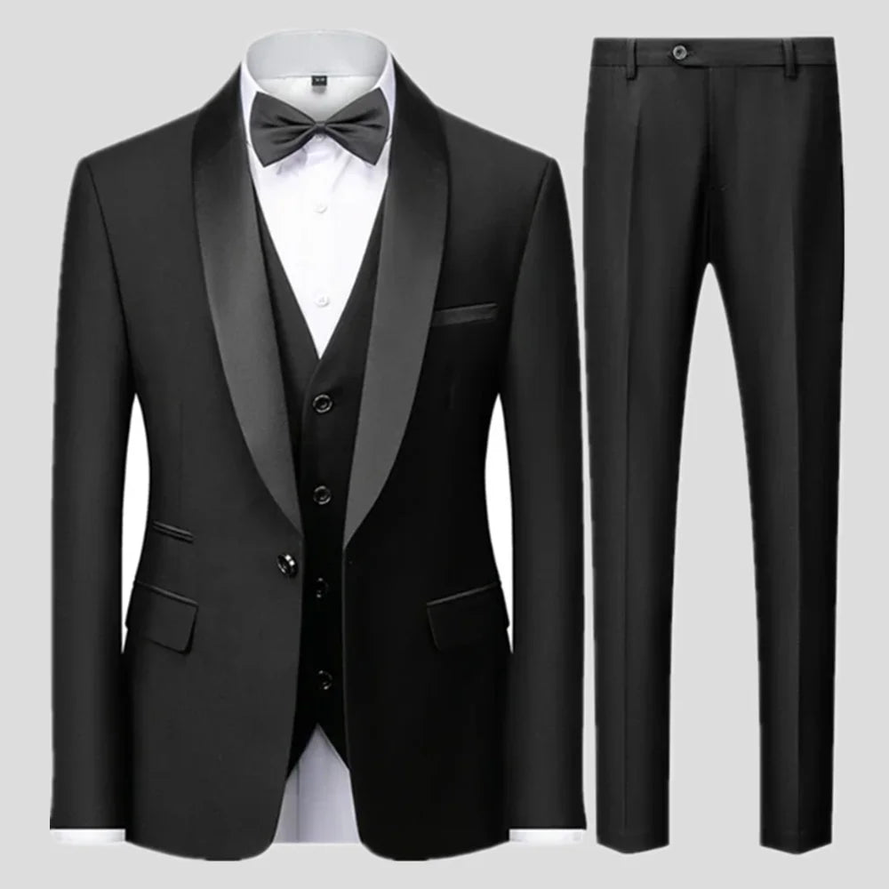 Preto masculino outono festa de casamento três peças conjunto tamanho grande masculino blazer casaco calças e colete moda fino ajuste terno