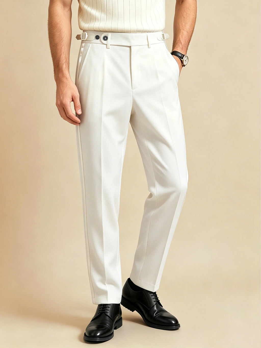 Calça Social Elegante Napolitana de Cor Sólida com Fecho Lateral de Botão Paris Buckle