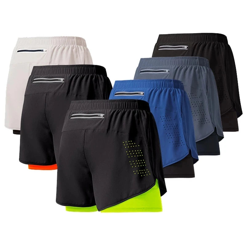 Calções de corrida masculinos de secagem rápida fitness preto dupla camada shorts masculino novo esporte treino treinamento musculação calças curtas