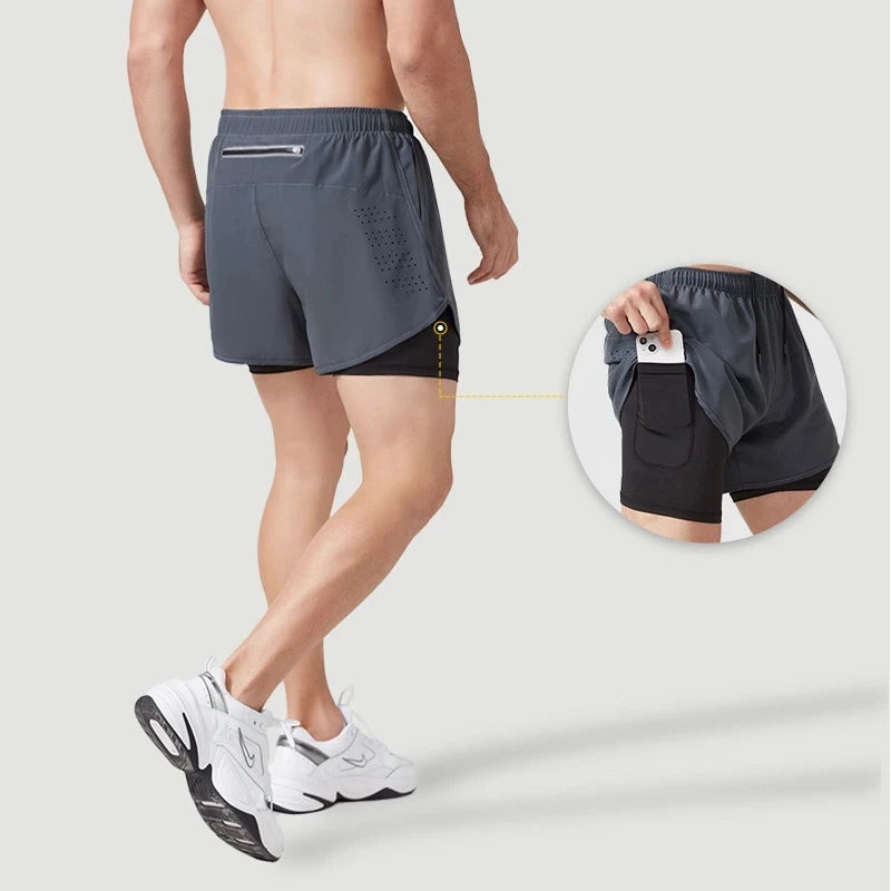 Calções de corrida masculinos de secagem rápida fitness preto dupla camada shorts masculino novo esporte treino treinamento musculação calças curtas