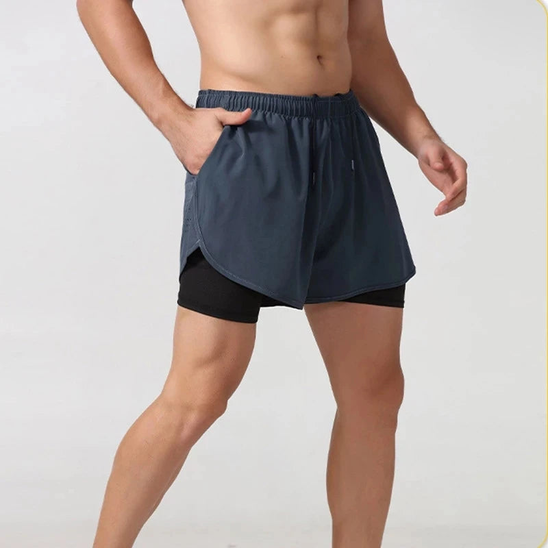 Calções de corrida masculinos de secagem rápida fitness preto dupla camada shorts masculino novo esporte treino treinamento musculação calças curtas