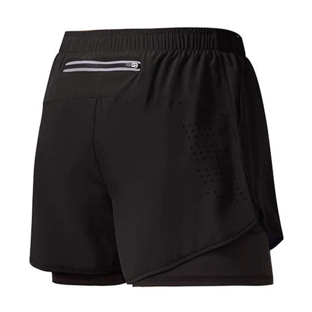 Calções de corrida masculinos de secagem rápida fitness preto dupla camada shorts masculino novo esporte treino treinamento musculação calças curtas