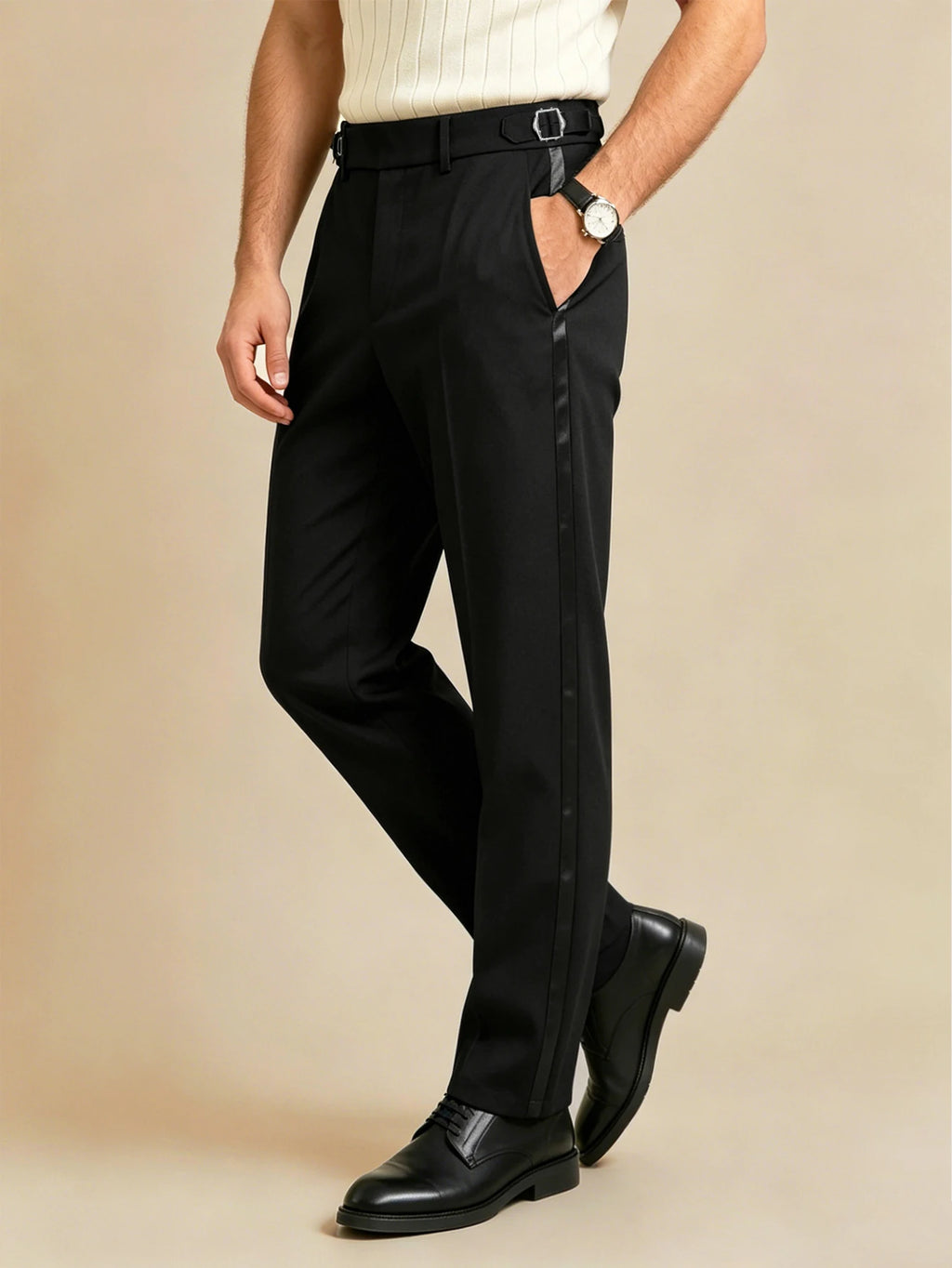 Calça Social Elegante Napolitana de Cor Sólida com Fecho Lateral de Botão Paris Buckle