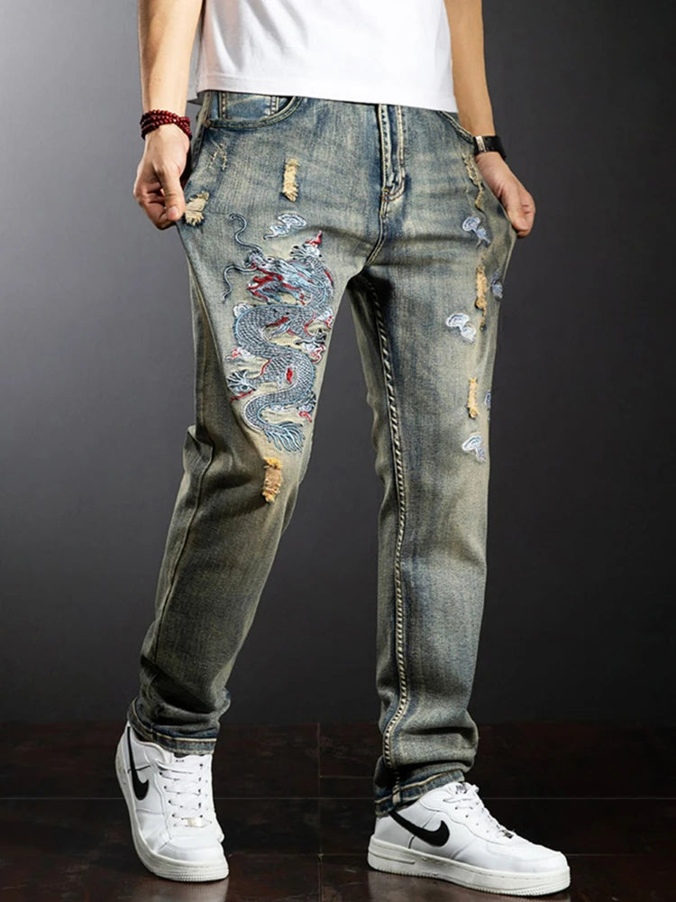 Calça Jeans Baggy Bordado Dragão Y2K