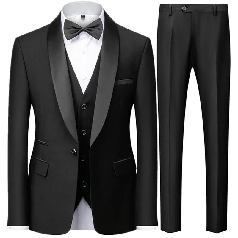 Preto masculino outono festa de casamento três peças conjunto tamanho grande masculino blazer casaco calças e colete moda fino ajuste terno