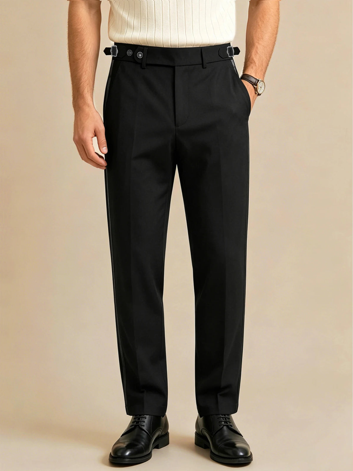 Calça Social Elegante Napolitana de Cor Sólida com Fecho Lateral de Botão Paris Buckle