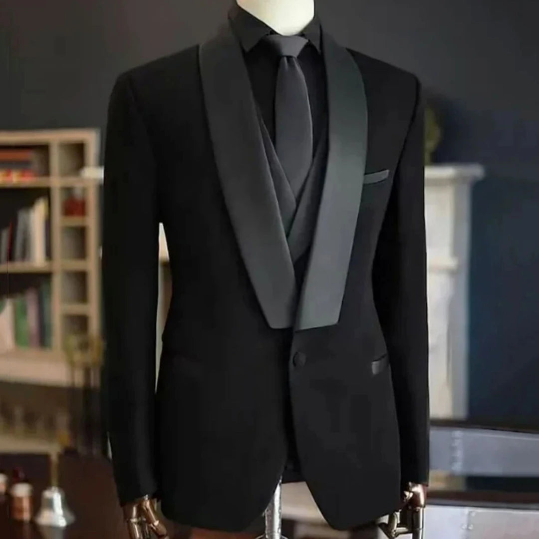 Terno masculino 3 peças preto com lapela brilhante